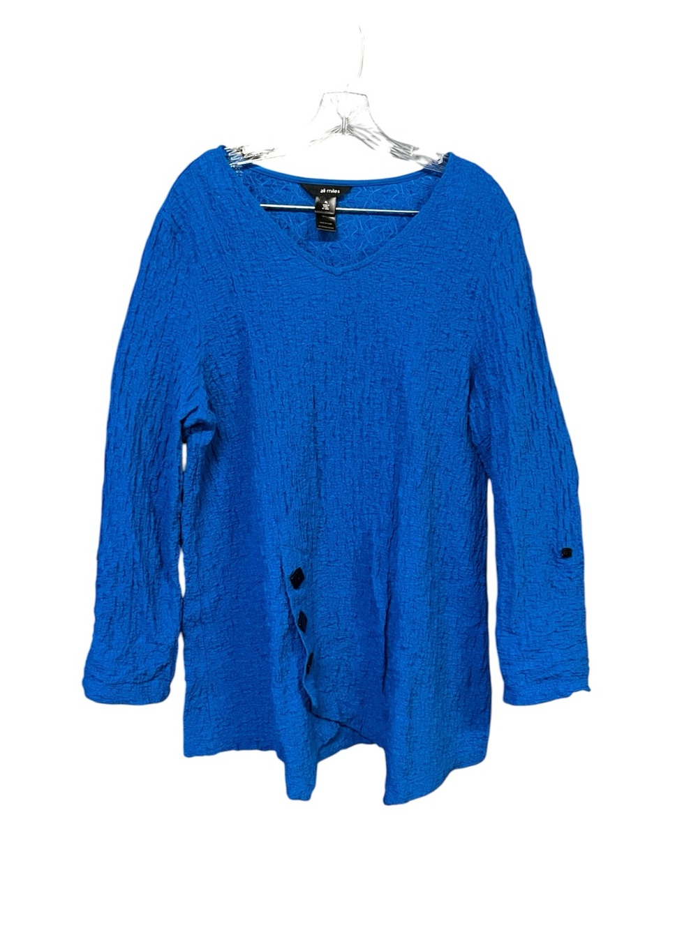 Ali Miles XL Blue Textured Tunic Top Long Sleeve Roll Tab V Neck Asym Hem